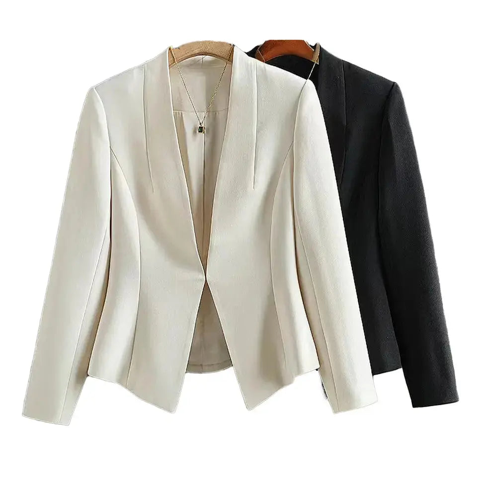 Slim Black White Suit Jacket with V-Neck All Matching Temperament Long Acetic Acid Suit My Store