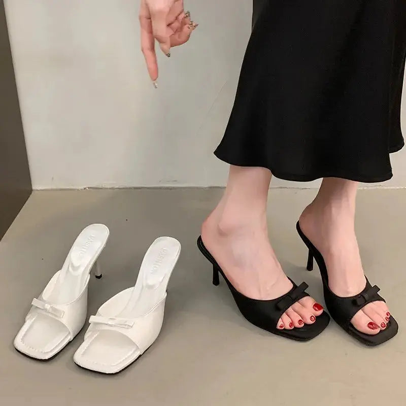 Slipper Mules Low High Heels Shoes   Summer Best Street Look Females Square Head Open Toe Bow Strappy Sandals Women Natalia Home Fashion    Natalia Home Fashion