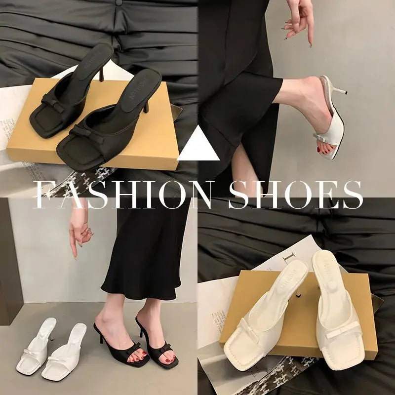 Slipper Mules Low High Heels Shoes   Summer Best Street Look Females Square Head Open Toe Bow Strappy Sandals Women Natalia Home Fashion    Natalia Home Fashion