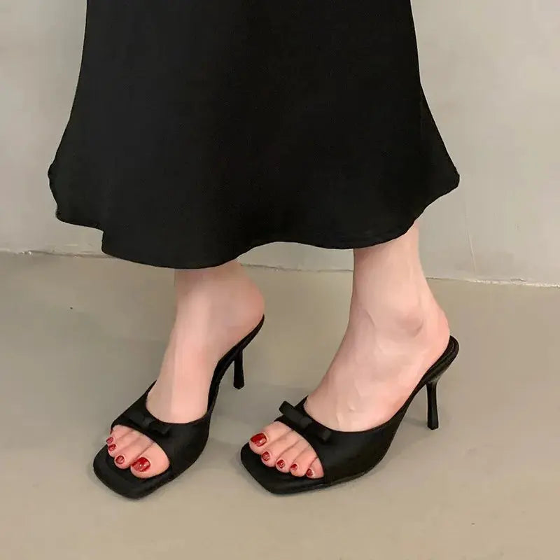 Slipper Mules Low High Heels Shoes   Summer Best Street Look Females Square Head Open Toe Bow Strappy Sandals Women Natalia Home Fashion    Natalia Home Fashion