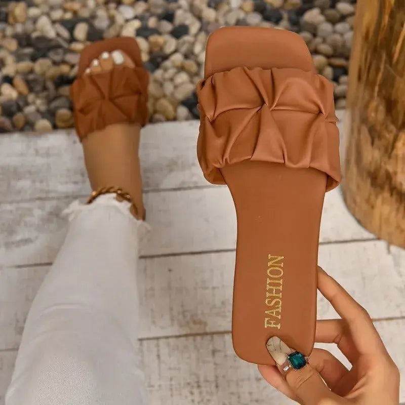 Slippers for Women Flip Flops Flats  New Pleated Korean Style Slippers Women Sandals Slip on Shoes Natalia Home Fashion   Chocolate-43 Natalia Home Fashion