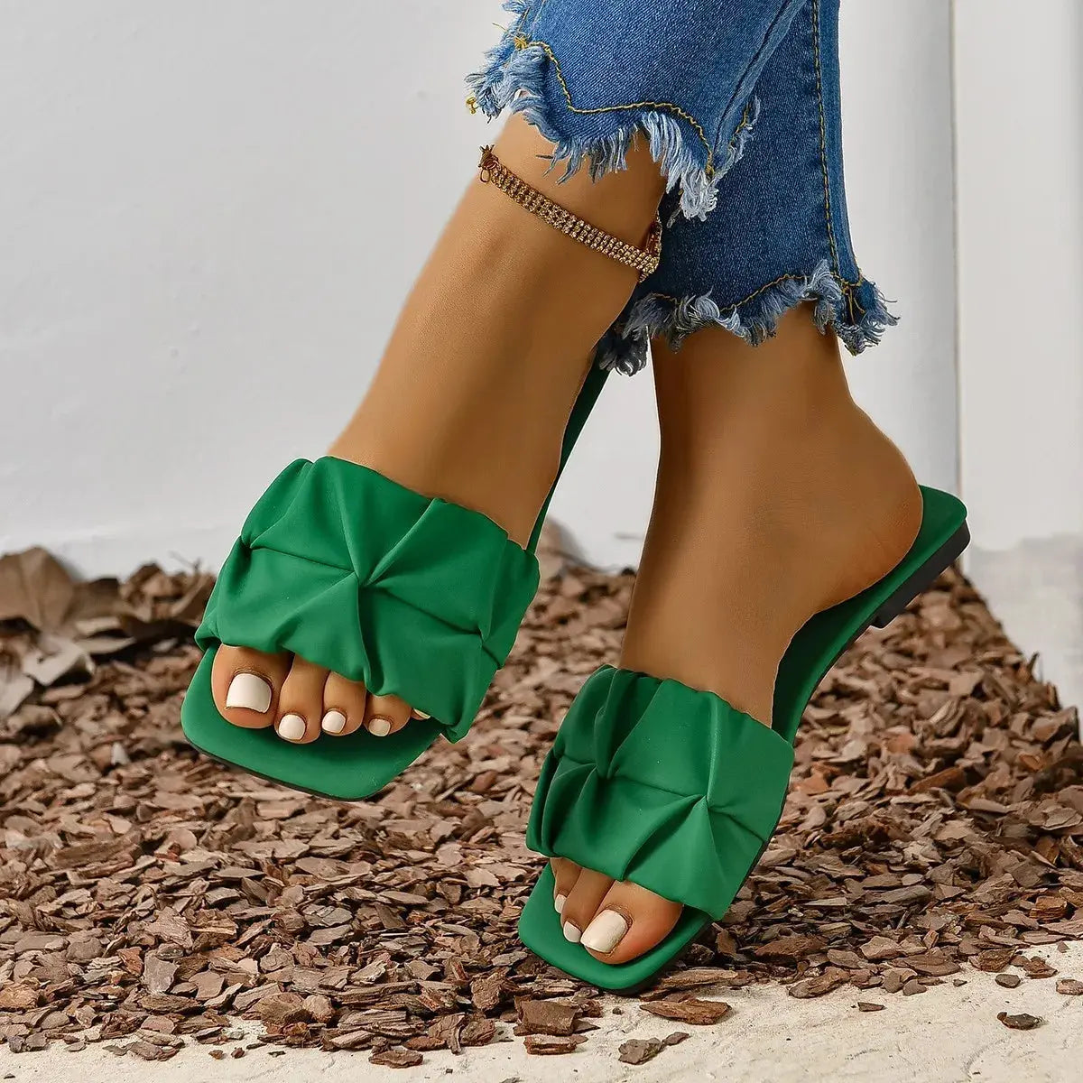 Slippers for Women Flip Flops Flats  New Pleated Korean Style Slippers Women Sandals Slip on Shoes Natalia Home Fashion   green-43 Natalia Home Fashion