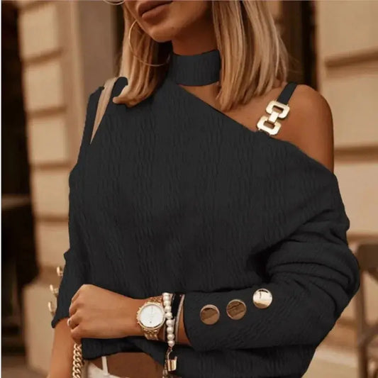 Spring Autumn Sexy Off Shoulder Shirt Chain Hanging Neck Button tops Fashion Elegant Women's White Blouse Feminine Clothing Natalia Home Fashion    Natalia Home Fashion