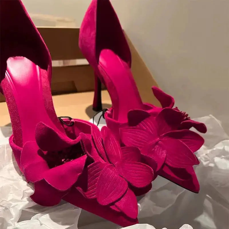 Spring Sexy Everything French Skinny Heel Shoes Rose Red Flowers Decorated High Heels for Women My Store