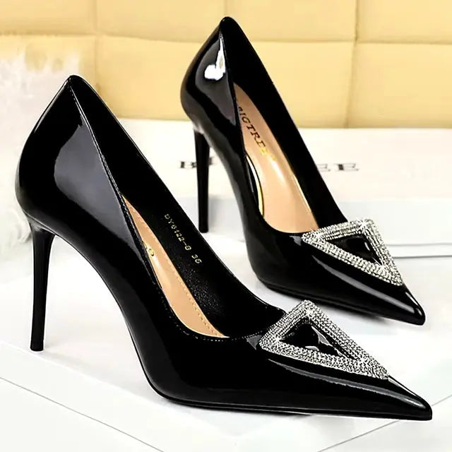 Super high heel shoes with patent leather shallow mouth pointy side hollowed-out rhinestone buckle super high heel women's shoes My Store