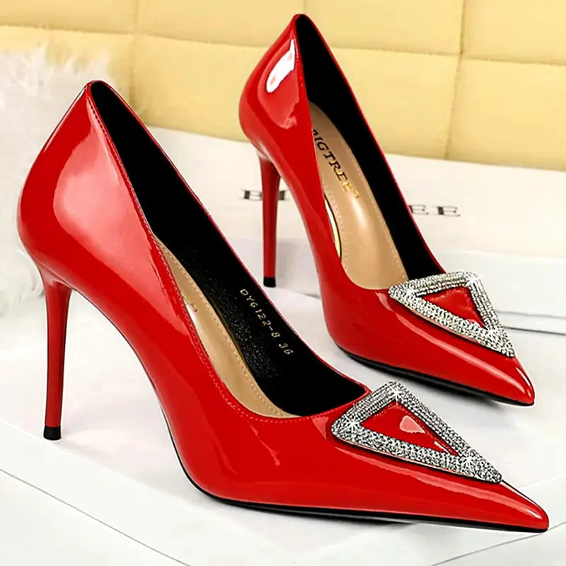 Super high heel shoes with patent leather shallow mouth pointy side hollowed-out rhinestone buckle super high heel women's shoes My Store