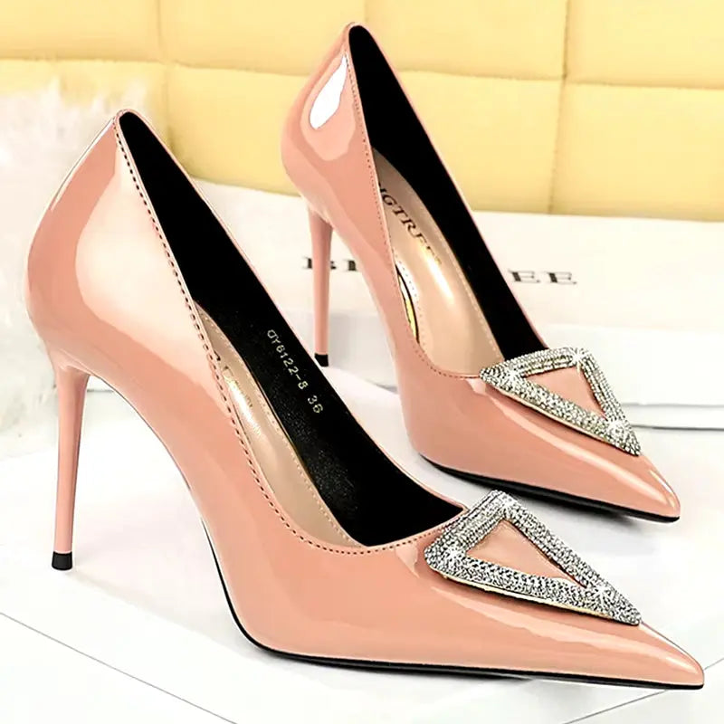 Super high heel shoes with patent leather shallow mouth pointy side hollowed-out rhinestone buckle super high heel women's shoes My Store