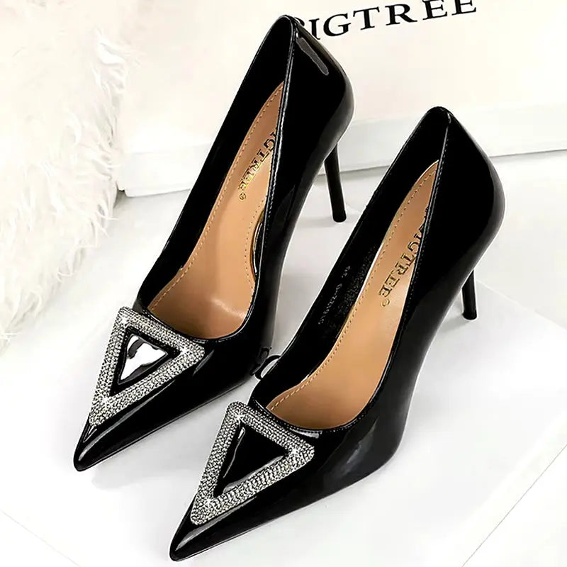 Super high heel shoes with patent leather shallow mouth pointy side hollowed-out rhinestone buckle super high heel women's shoes My Store