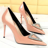 Super high heel shoes with patent leather shallow mouth pointy side hollowed-out rhinestone buckle super high heel women's shoes My Store