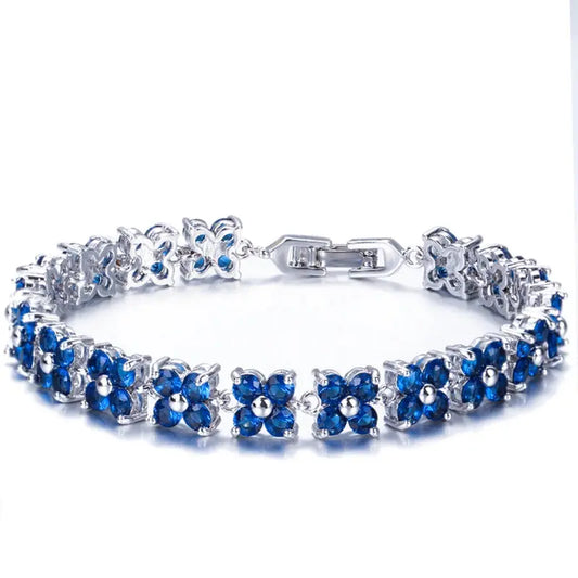 Trendy Blue Cubic Zirconia White Gold Color Flower Shape Fashion Party CZ Tennis Bracelet for Women Jewelry Natalia Home Fashion    Natalia Home Fashion