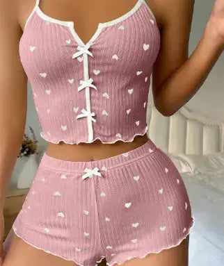 Trendy Heartshaped Print Contrast Color Pajama Set With Suspender Front Slit Home Suit My Store