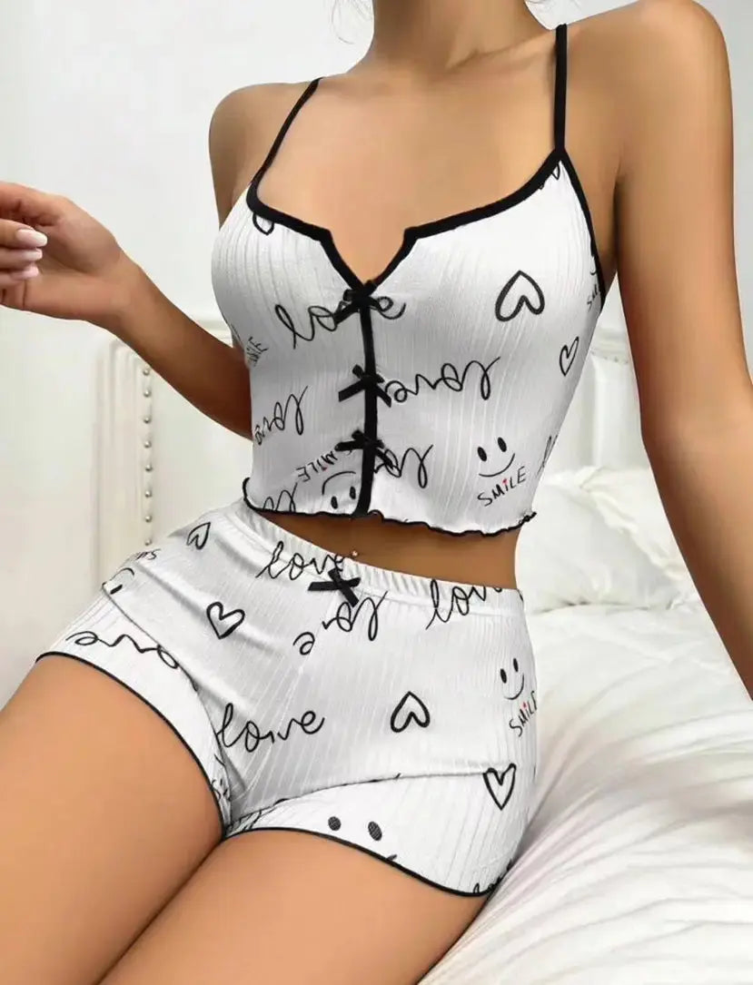 Trendy Heartshaped Print Contrast Color Pajama Set With Suspender Front Slit Home Suit My Store