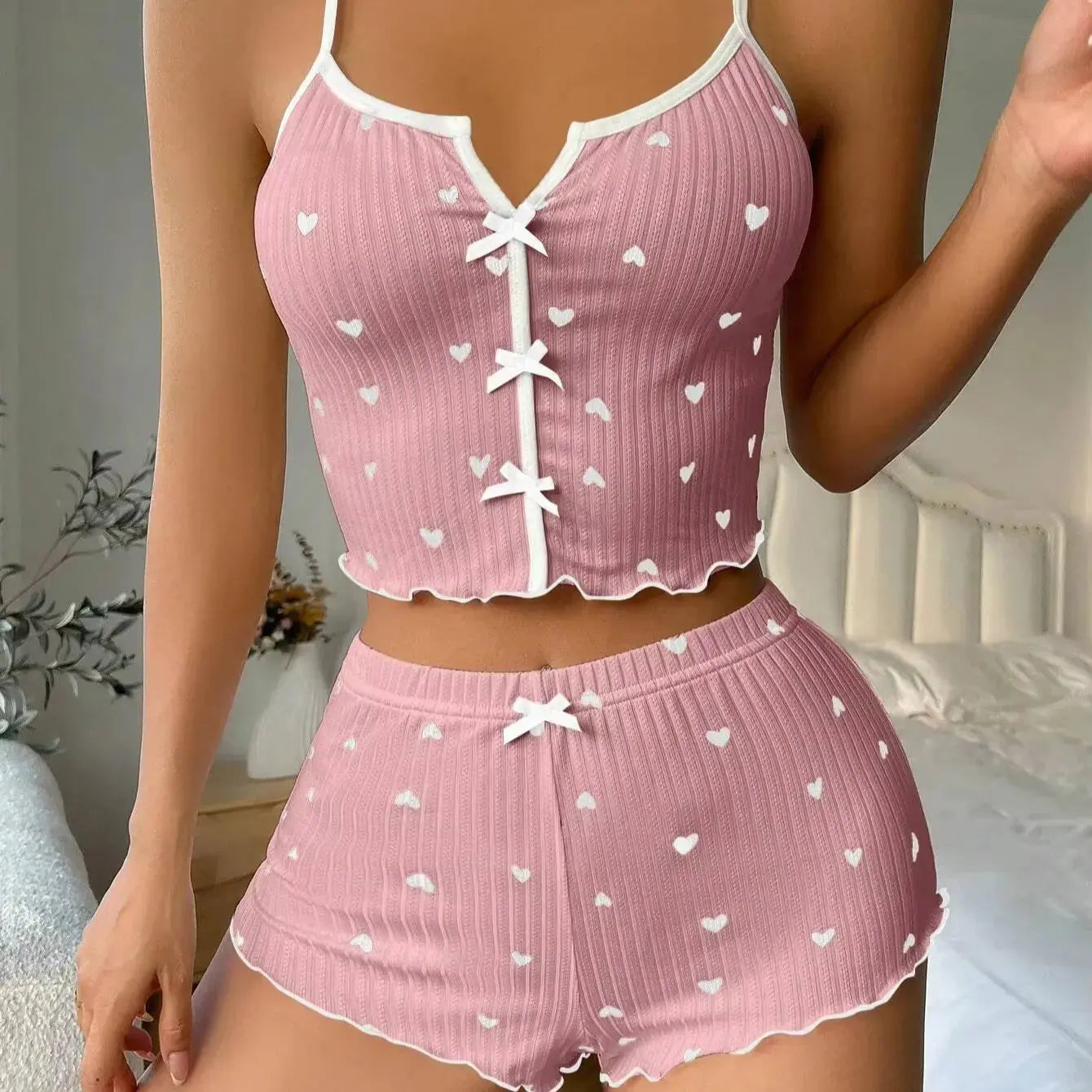 Trendy Heartshaped Print Contrast Color Pajama Set With Suspender Front Slit Home Suit My Store