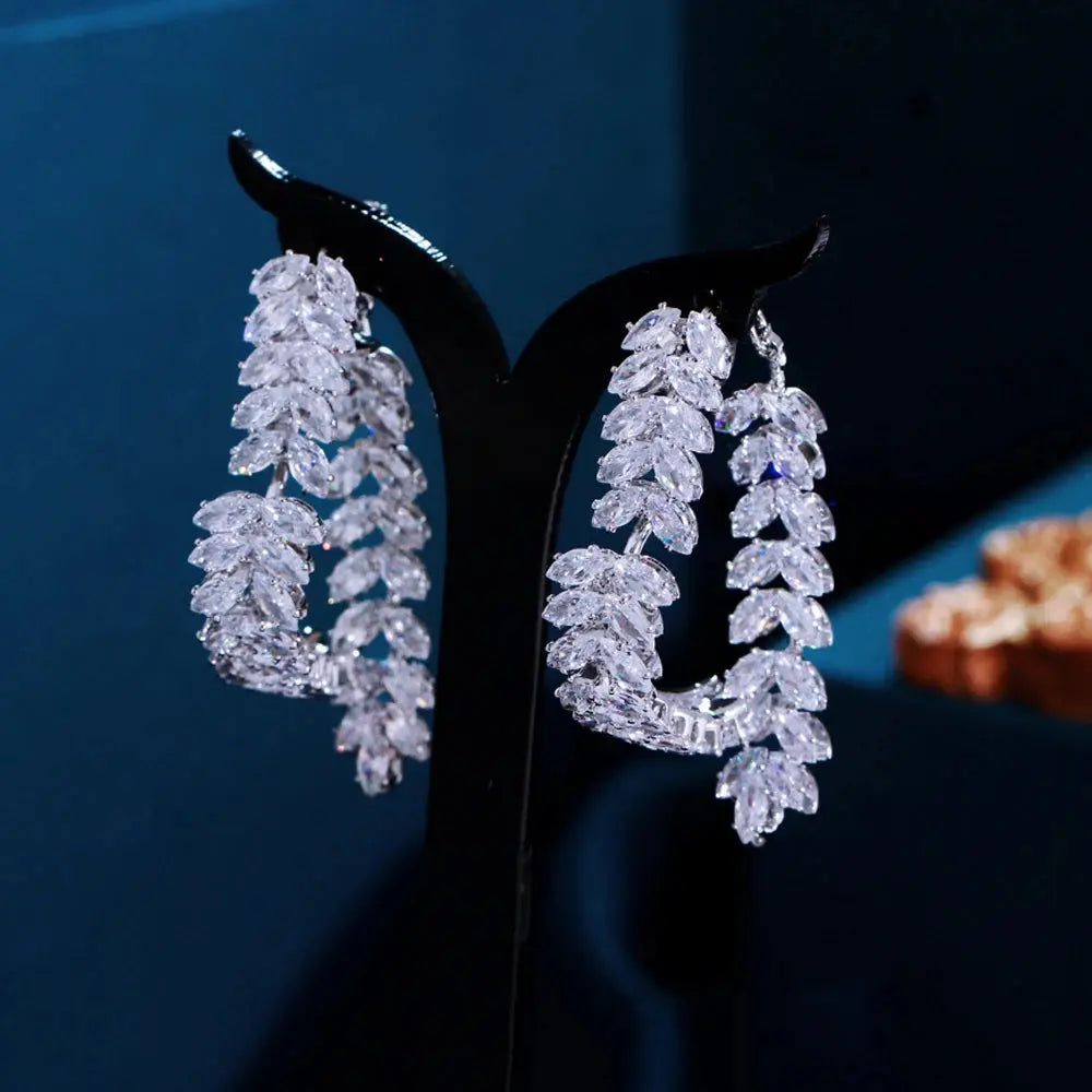 Unique Brilliant Marquise Cut Zirconia Luxury Wheat Leaf Earrings for Women Fashion Bridal Party Jewelry Natalia Home Fashion   Silver-Color Natalia Home Fashion