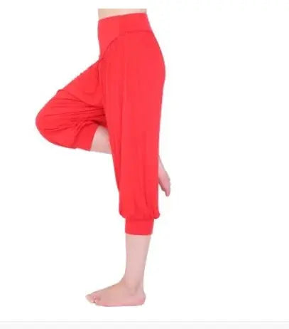 Woman modal yoga pants female summer solid belly dancing calf length pants Natalia Home Fashion   red-L Natalia Home Fashion