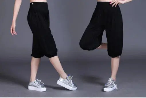 Woman modal yoga pants female summer solid belly dancing calf length pants Natalia Home Fashion   black-XXL Natalia Home Fashion