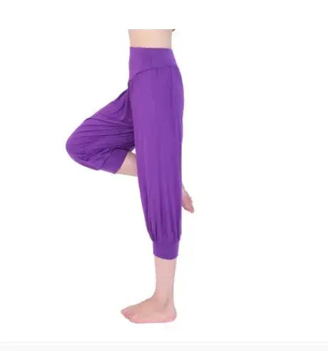 Woman modal yoga pants female summer solid belly dancing calf length pants Natalia Home Fashion   purple-L Natalia Home Fashion