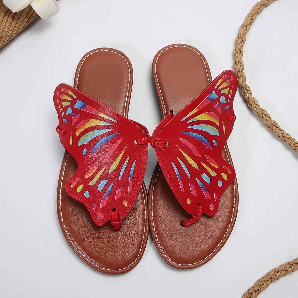 Women Butterfly Graffiti Slippers  Fashion Lightweight Anti Slip Flat Bottom Flip Flops Outdoor Beach Casual Shoes Natalia Home Fashion   Red-43 Natalia Home Fashion