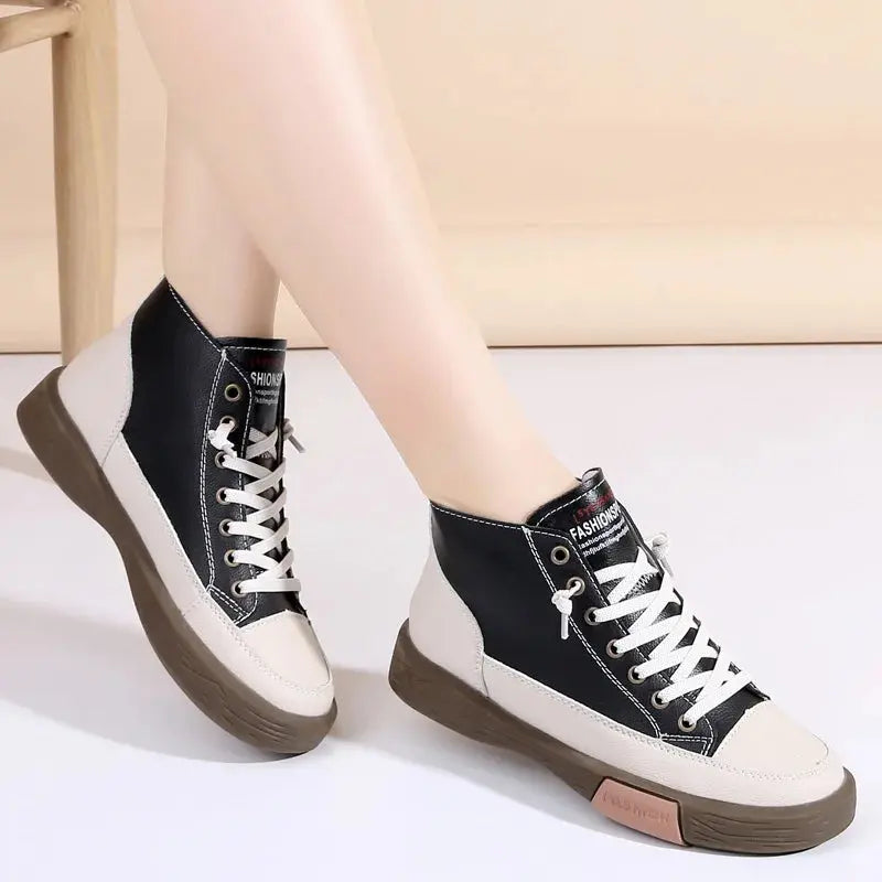 Women Casual Genuine Leather Soft Sole High Top Walking Sneaker Girl Student Sport Jogging Shoes Flats Trendy  Ankle High Sneakers Natalia Home Fashion   black-40 Natalia Home Fashion