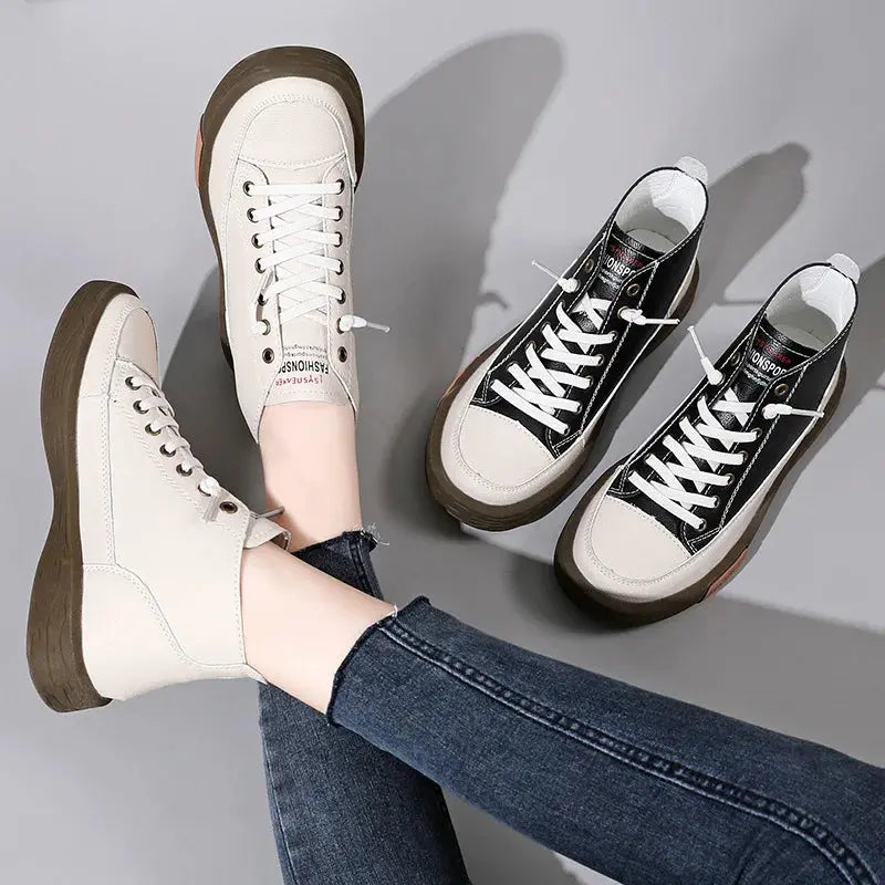 Women Casual Genuine Leather Soft Sole High Top Walking Sneaker Girl Student Sport Jogging Shoes Flats Trendy  Ankle High Sneakers Natalia Home Fashion    Natalia Home Fashion