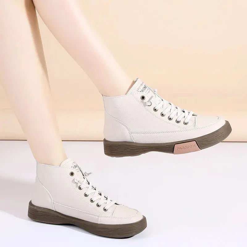 Women Casual Genuine Leather Soft Sole High Top Walking Sneaker Girl Student Sport Jogging Shoes Flats Trendy  Ankle High Sneakers Natalia Home Fashion   Beige-40 Natalia Home Fashion