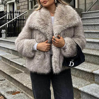 Women Fashion Cropped Faux Fur Jacket Coat Long Sleeve Front Snap-button Female Outerwear Chic Lapel Collar Thick Coat Natalia Home Fashion    Natalia Home Fashion