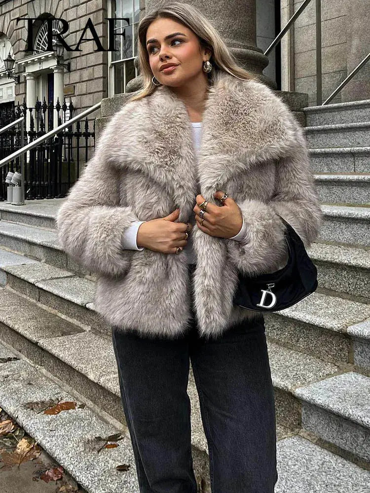 Women Fashion Cropped Faux Fur Jacket Coat Long Sleeve Front Snap-button Female Outerwear Chic Lapel Collar Thick Coat Natalia Home Fashion    Natalia Home Fashion