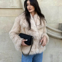 Women Fashion Cropped Faux Fur Jacket Coat Long Sleeve Front Snap-button Female Outerwear Chic Lapel Collar Thick Coat Natalia Home Fashion    Natalia Home Fashion