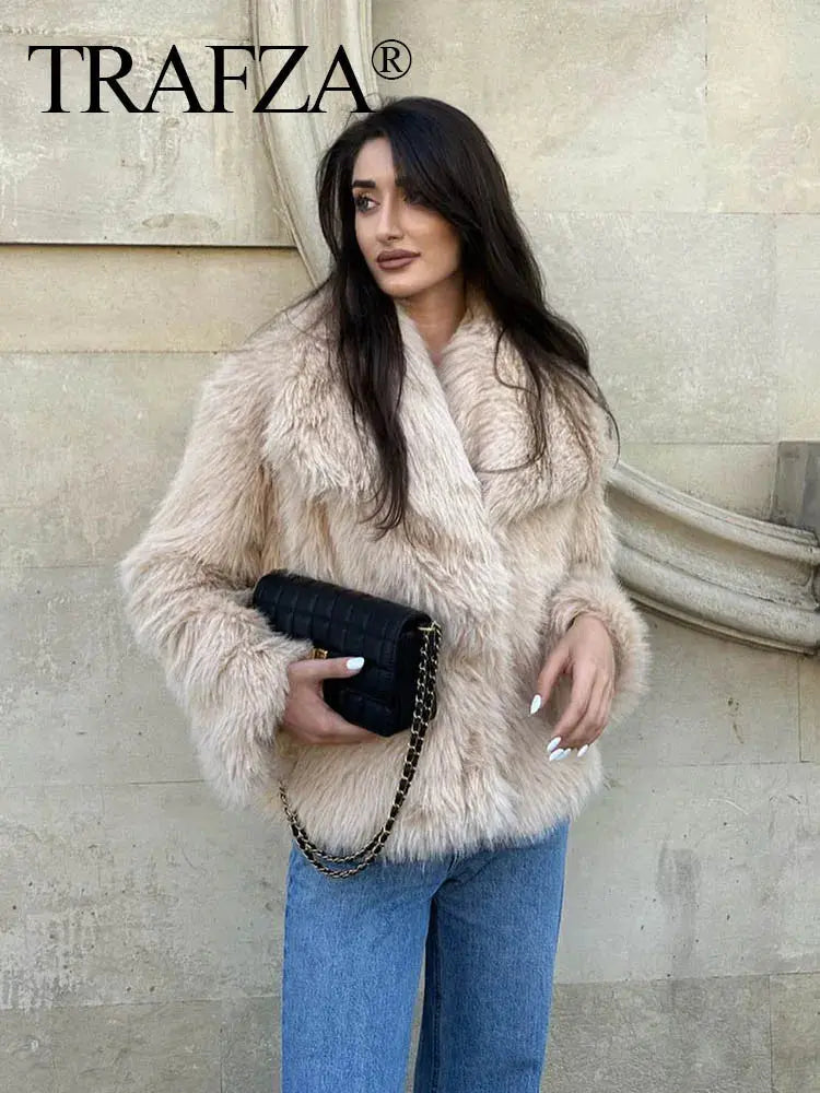 Women Fashion Cropped Faux Fur Jacket Coat Long Sleeve Front Snap-button Female Outerwear Chic Lapel Collar Thick Coat Natalia Home Fashion    Natalia Home Fashion