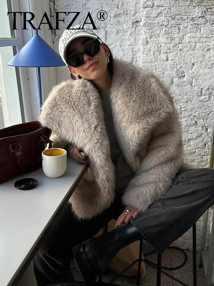 Women Fashion Cropped Faux Fur Jacket Coat Long Sleeve Front Snap-button Female Outerwear Chic Lapel Collar Thick Coat Natalia Home Fashion    Natalia Home Fashion