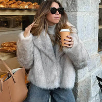 Women Fashion Cropped Faux Fur Jacket Coat Long Sleeve Front Snap-button Female Outerwear Chic Lapel Collar Thick Coat Natalia Home Fashion    Natalia Home Fashion