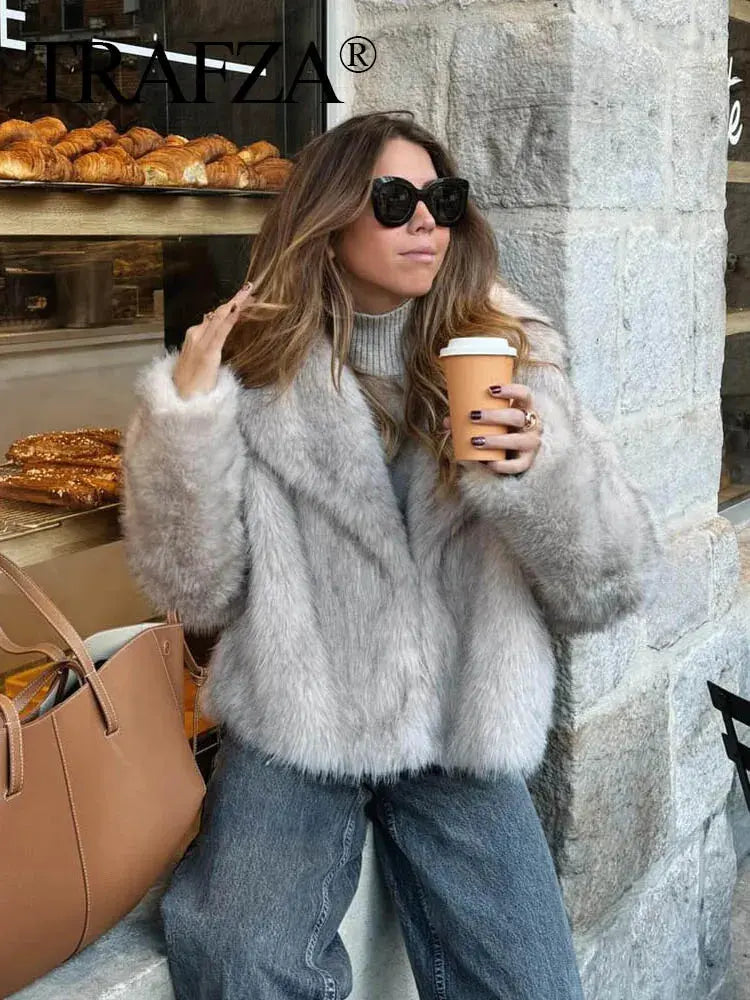 Women Fashion Cropped Faux Fur Jacket Coat Long Sleeve Front Snap-button Female Outerwear Chic Lapel Collar Thick Coat Natalia Home Fashion    Natalia Home Fashion