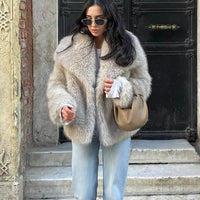 Women Fashion Cropped Faux Fur Jacket Coat Long Sleeve Front Snap-button Female Outerwear Chic Lapel Collar Thick Coat Natalia Home Fashion    Natalia Home Fashion