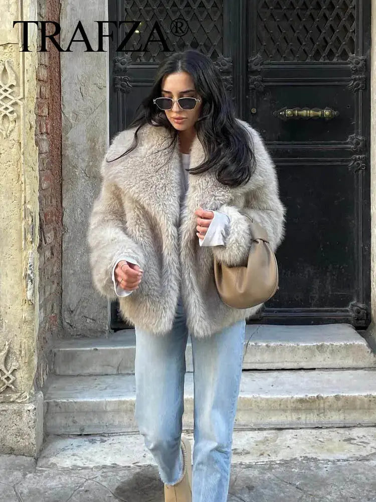 Women Fashion Cropped Faux Fur Jacket Coat Long Sleeve Front Snap-button Female Outerwear Chic Lapel Collar Thick Coat Natalia Home Fashion    Natalia Home Fashion