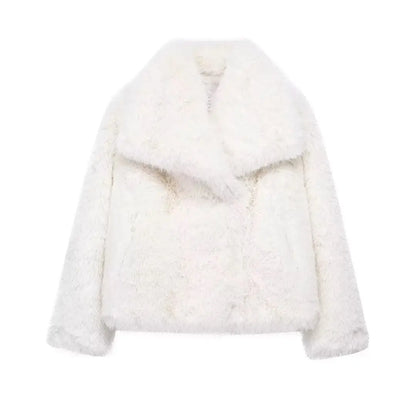 Women Fashion Cropped Faux Fur Jacket Coat Long Sleeve Front Snap-button Female Outerwear Chic Lapel Collar Thick Coat Natalia Home Fashion   White-XS Natalia Home Fashion