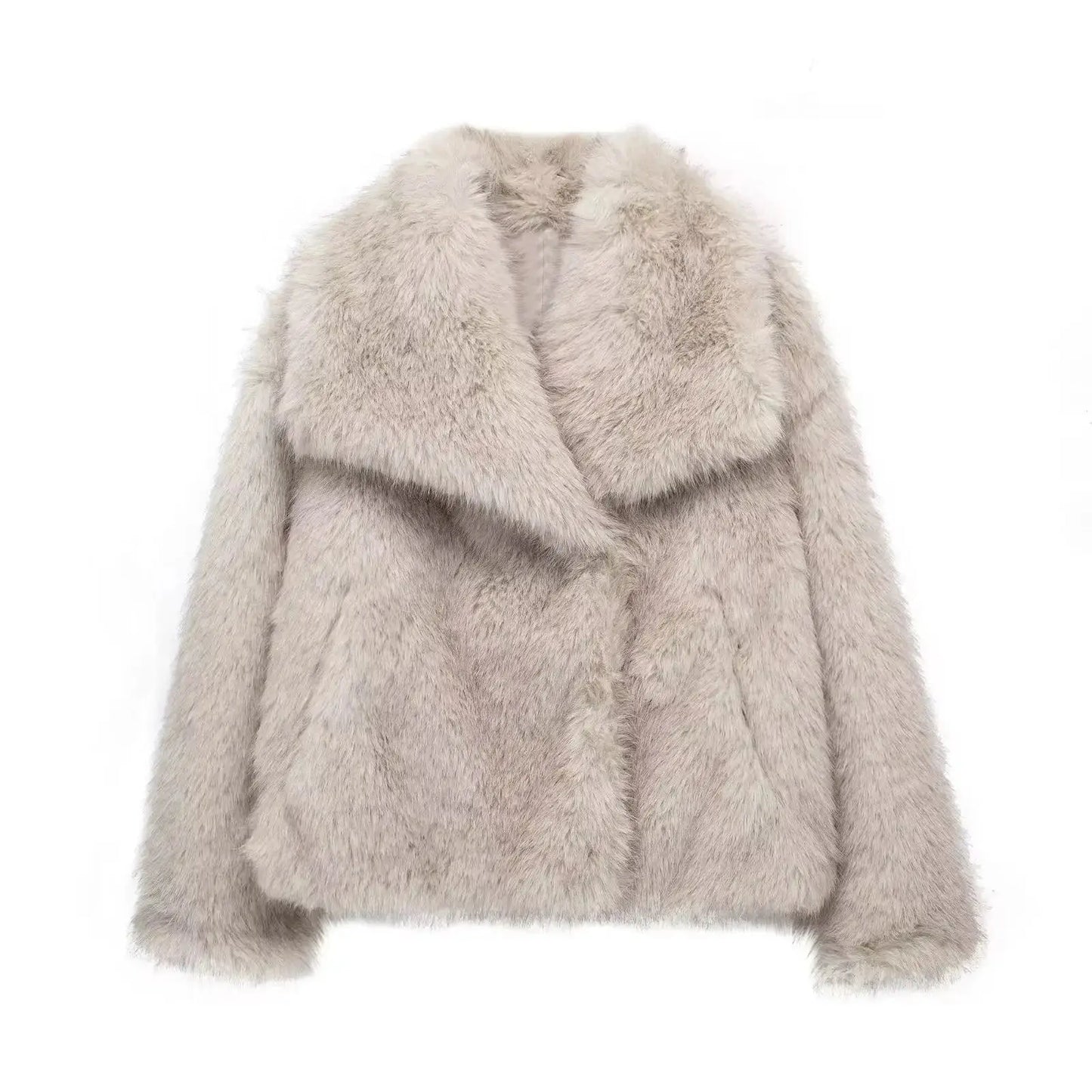 Women Fashion Cropped Faux Fur Jacket Coat Long Sleeve Front Snap-button Female Outerwear Chic Lapel Collar Thick Coat Natalia Home Fashion   beige-gray-L Natalia Home Fashion