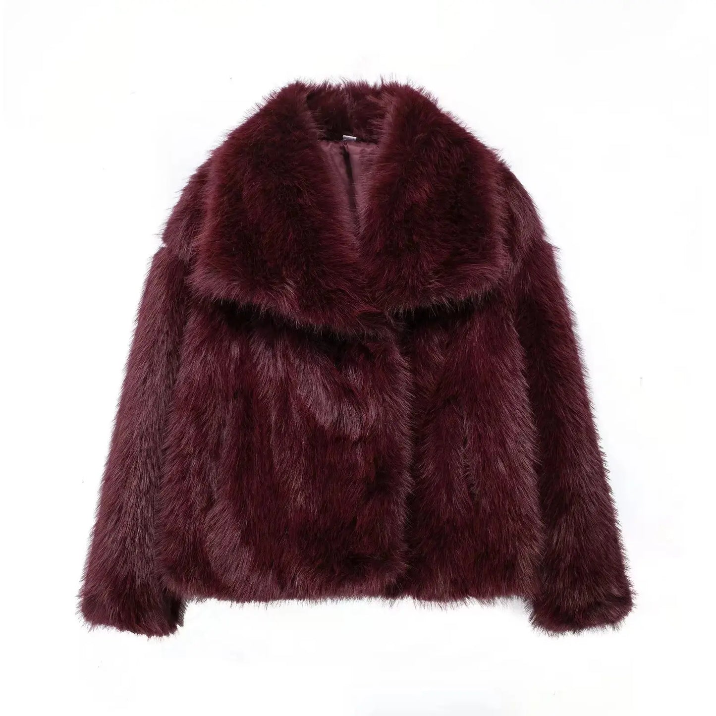 Women Fashion Cropped Faux Fur Jacket Coat Long Sleeve Front Snap-button Female Outerwear Chic Lapel Collar Thick Coat Natalia Home Fashion   WineRed-S Natalia Home Fashion