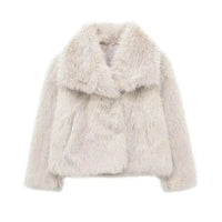 Women Fashion Cropped Faux Fur Jacket Coat Long Sleeve Front Snap-button Female Outerwear Chic Lapel Collar Thick Coat Natalia Home Fashion   beige-white-XS Natalia Home Fashion