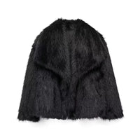 Women Fashion Cropped Faux Fur Jacket Coat Long Sleeve Front Snap-button Female Outerwear Chic Lapel Collar Thick Coat Natalia Home Fashion   black-L Natalia Home Fashion