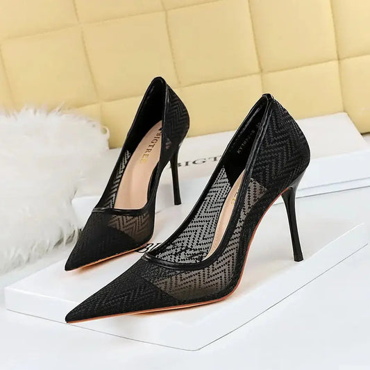 Women Pumps Luxury Mesh Lace Pointed-toe Shoes Wrap-toe Shallow High Heel Pumps For Ladies Annual Meeting Shoes My Store