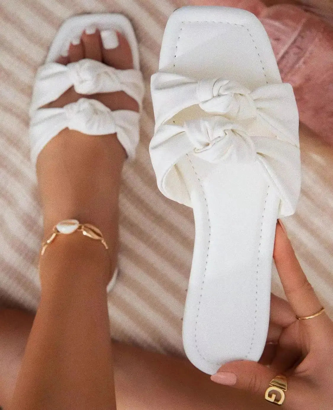 Women Sandals Open Toe Flat Slippers Women Square Head Bow Beach Women Shoes Natalia Home Fashion   WHITE-43 Natalia Home Fashion