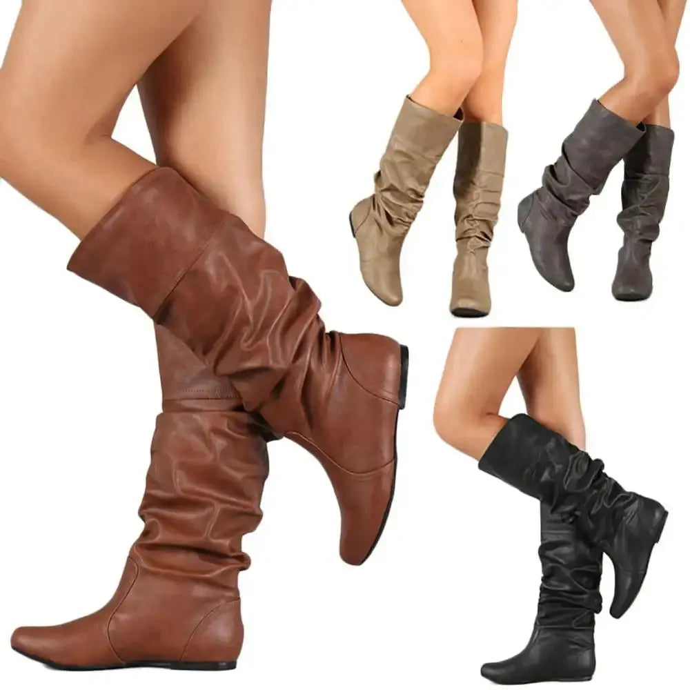 Women Shoes Flat Heel Solid Color Long Boots Pointed Toe Knee High Ladies Boots Leather Stitching Casual Girl Cute Flats Boot My Store