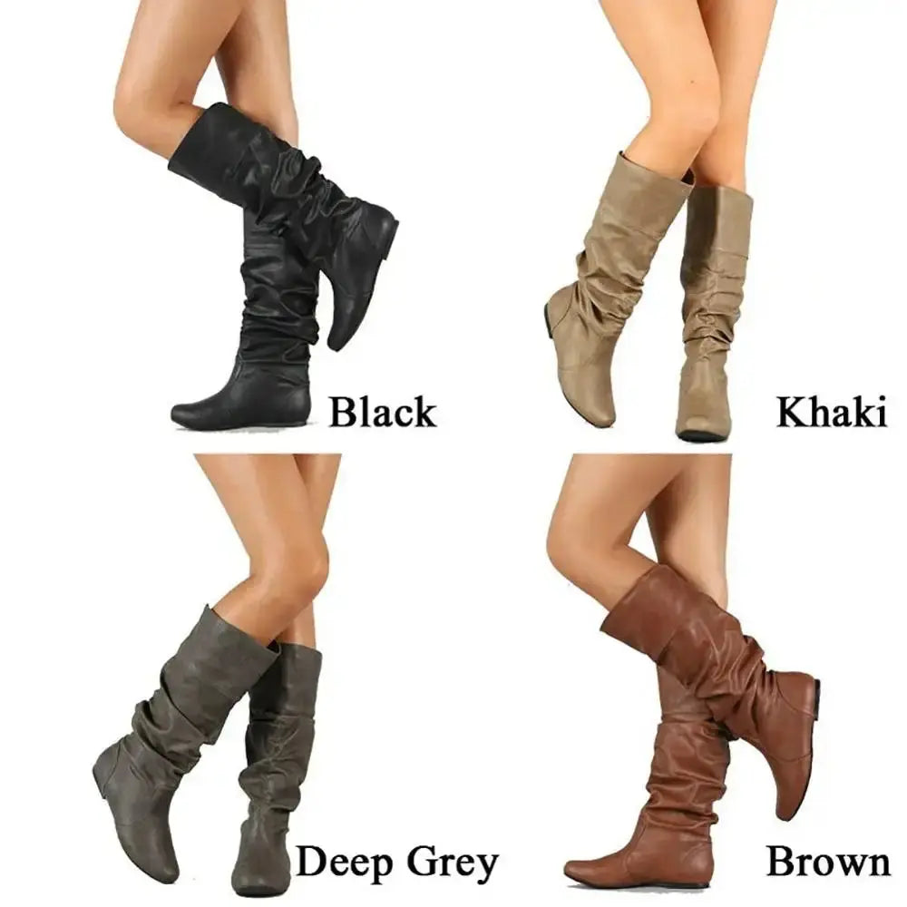 Women Shoes Flat Heel Solid Color Long Boots Pointed Toe Knee High Ladies Boots Leather Stitching Casual Girl Cute Flats Boot My Store