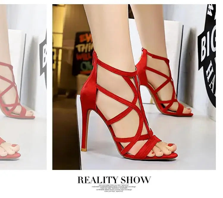 Women Shoes Summer Breathable Zippers Suede Mujer Sandalias Hollow Out Open-toed Roman High Heels Sandals Female Club Shoes My Store