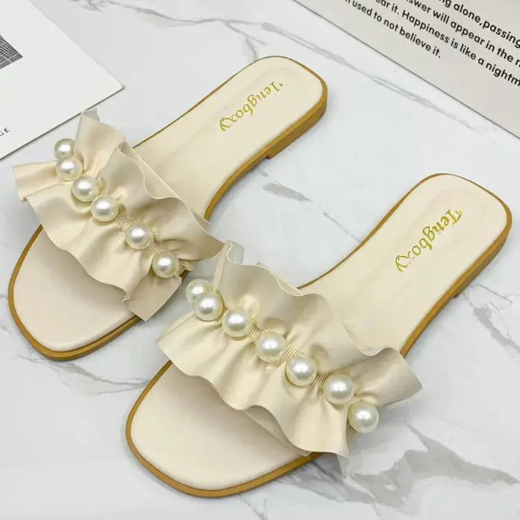 Women Slides Faux Pearl Decor Ruffle Trim Sandals Open Toe Wear-resistant Flat Slippers Summer Sandy Beach Sandals Women Shoes Natalia Home Fashion   Beige-36 Natalia Home Fashion