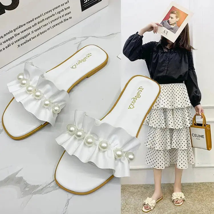 Women Slides Faux Pearl Decor Ruffle Trim Sandals Open Toe Wear-resistant Flat Slippers Summer Sandy Beach Sandals Women Shoes Natalia Home Fashion   White-42 Natalia Home Fashion