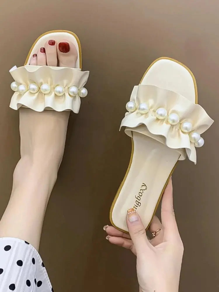 Women Slides Faux Pearl Decor Ruffle Trim Sandals Open Toe Wear-resistant Flat Slippers Summer Sandy Beach Sandals Women Shoes Natalia Home Fashion    Natalia Home Fashion