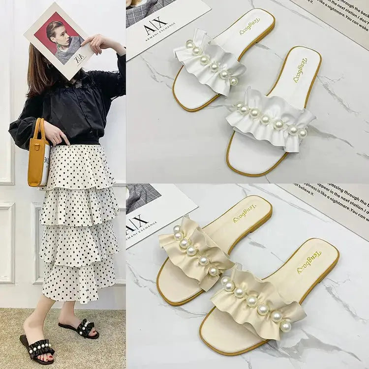 Women Slides Faux Pearl Decor Ruffle Trim Sandals Open Toe Wear-resistant Flat Slippers Summer Sandy Beach Sandals Women Shoes Natalia Home Fashion    Natalia Home Fashion