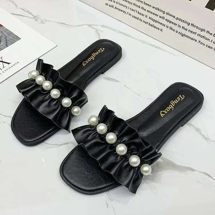 Women Slides Faux Pearl Decor Ruffle Trim Sandals Open Toe Wear-resistant Flat Slippers Summer Sandy Beach Sandals Women Shoes Natalia Home Fashion   black-42 Natalia Home Fashion