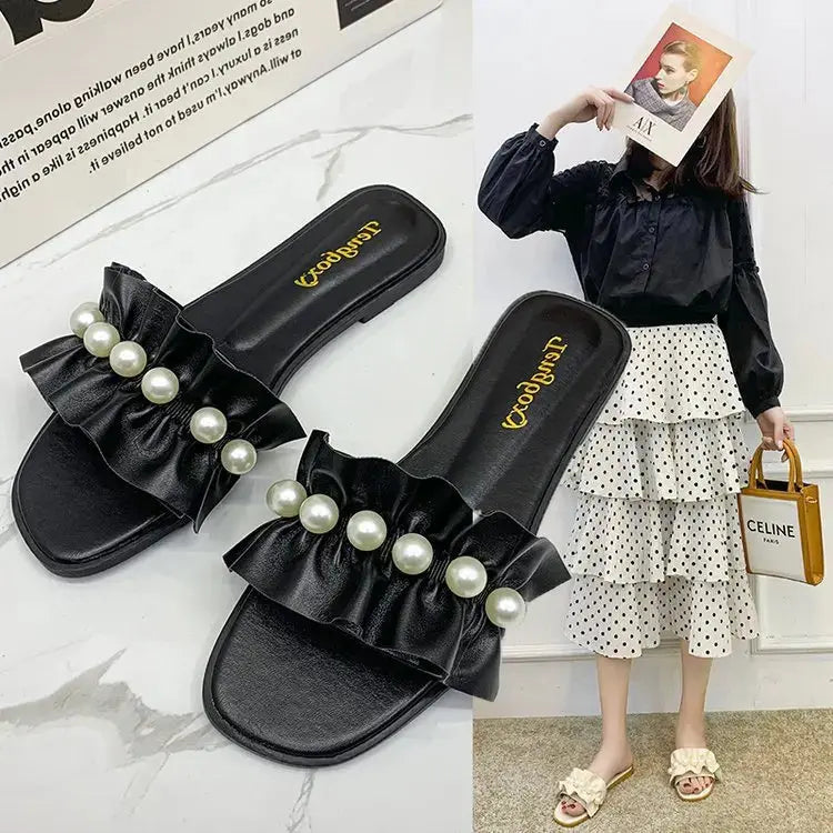 Women Slides Faux Pearl Décor Ruffle Trim Sandals Open Toe Wear-resistant Flat Slippers Summer Semi Formal Sandals Women Shoes Natalia Home Fashion    Natalia Home Fashion